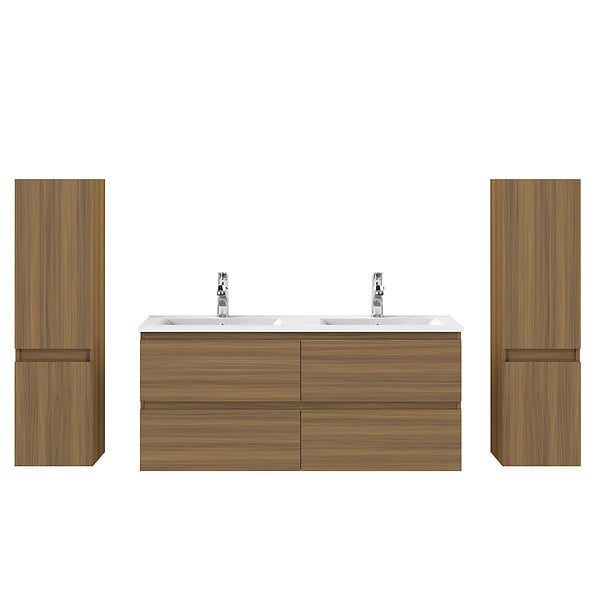 AICA SANITAIRE - AICA Ensemble de Meuble Double Vasque 120 cm Salle de Bain, Meuble sous lavabo suspendu,Fonction soft-close,4 pièces Noyer - large