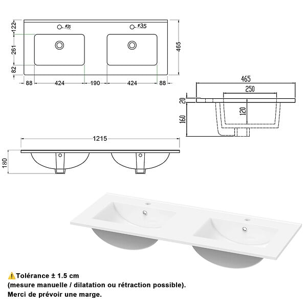 AICA SANITAIRE - AICA Ensemble de Meuble Double Vasque 120 cm Salle de Bain, Meuble sous lavabo suspendu,Fonction soft-close,2 pièces Noyer - large