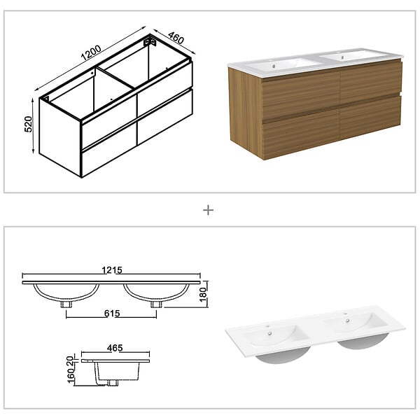 AICA SANITAIRE - AICA Ensemble de Meuble Double Vasque 120 cm Salle de Bain, Meuble sous lavabo suspendu,Fonction soft-close,2 pièces Noyer - large