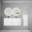 AICA SANITAIRE - Ensemble de Meuble Double Vasque Salle de Bain 120 cm en Ceramique + Miroir Rond LED + Colonne, Blanc - vignette