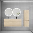 AICA SANITAIRE - Ensemble de Meuble Double Vasque Salle de Bain 120 cm en Ceramique + Miroir Rond LED + Colonne, Chêne Wotan - vignette