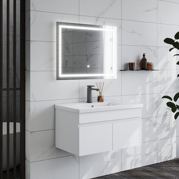 AICA SANITAIRE - AICA Ensemble de Meubles Mural Salle de Bain 80cm avec Céramique Vasque et Miroir Lumineux,4 Pièces Blanc - large