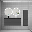 AICA SANITAIRE - Ensemble de Meuble Double Vasque Salle de Bain 120 cm en Ceramique + Miroir Rond LED + Colonne, Anthracite - vignette