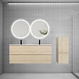 AICA SANITAIRE - Ensemble de Meuble Double Vasque Salle de Bain 120 cm en Ceramique + Miroir Rond LED + Colonne, Chêne Wotan - vignette