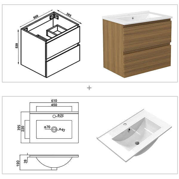 AICA SANITAIRE - AICA Ensemble de Meubles Salle de Bain avec Vasque 60cm, Meuble sous lavabo suspendu,Fonction soft-close,2 pièces Noyer - large