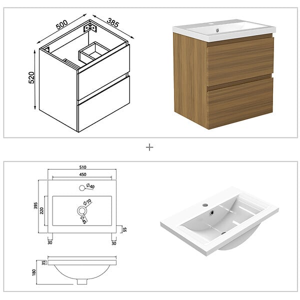 AICA SANITAIRE - AICA Ensemble de Meubles Salle de Bain avec Vasque 50cm, Meuble sous lavabo suspendu,Fonction soft-close,4 pièces Noyer - large