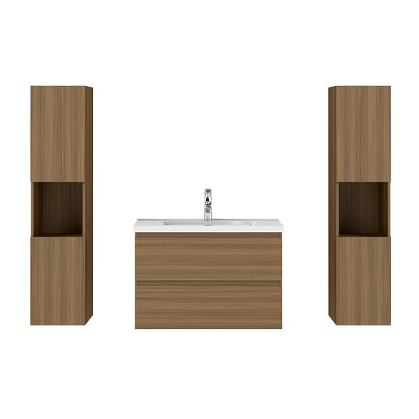 AICA SANITAIRE - AICA Ensemble de Meubles Salle de Bain avec Vasque 80cm, Meuble sous lavabo suspendu,Fonction soft-close,4 pièces Noyer - large