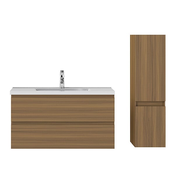 AICA SANITAIRE - AICA Ensemble de Meubles Salle de Bain avec Vasque 100cm, Meuble sous lavabo suspendu,Fonction soft-close,3 pièces Noyer - large