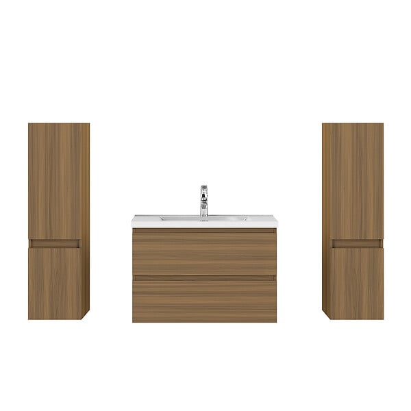AICA SANITAIRE - AICA Ensemble de Meubles Salle de Bain avec Vasque 80cm, Meuble sous lavabo suspendu,Fonction soft-close,4 pièces Noyer - large
