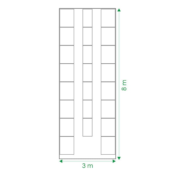 KLASIKA GARDEN - Kit de carrés potagers pour serre de 3 m de large, longueur 8 m – 23 bacs en acier galvanisé, 20 cm - large