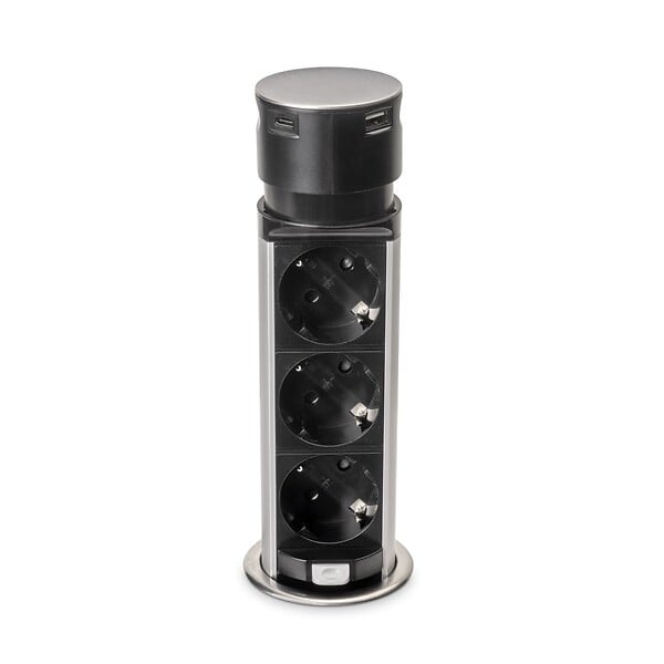 EMUCA - Multiconnecteur Vertikal Push 60, diamètre 60 mm, 3 prises de type Schuko, 1 USB de type A, 1 USB de type C, Acier et plastique, Acier inoxydable - large
