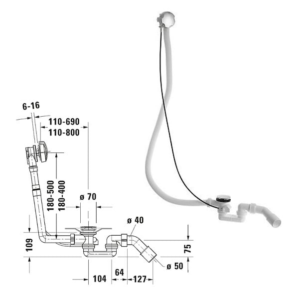 DURAVIT - Baignoire droite 180 X 80 D-Code acrylique bonde au centre + vidage chromé - large