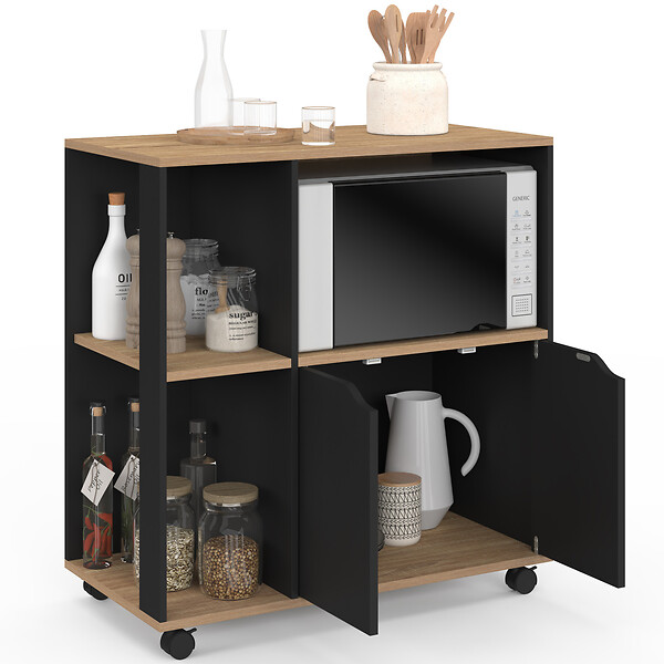 ID MARKET - Desserte de cuisine COSI bois noir et plateaux façon hêtre L.76 CM - large