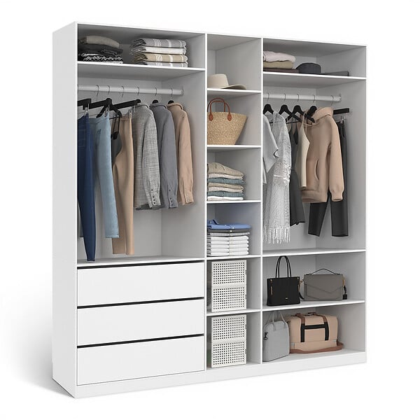 ID MARKET - Dressing TAYLOR 200 x 55 x 200 cm avec penderies + étagères + tiroirs blanc - large