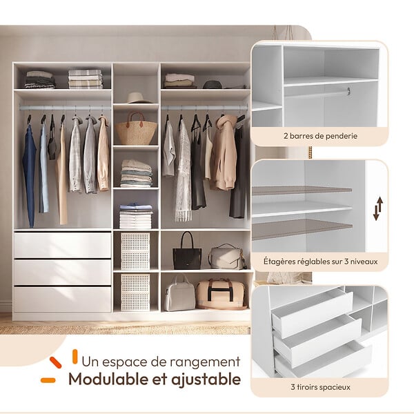 ID MARKET - Dressing TAYLOR 200 x 55 x 200 cm avec penderies + étagères + tiroirs blanc - large