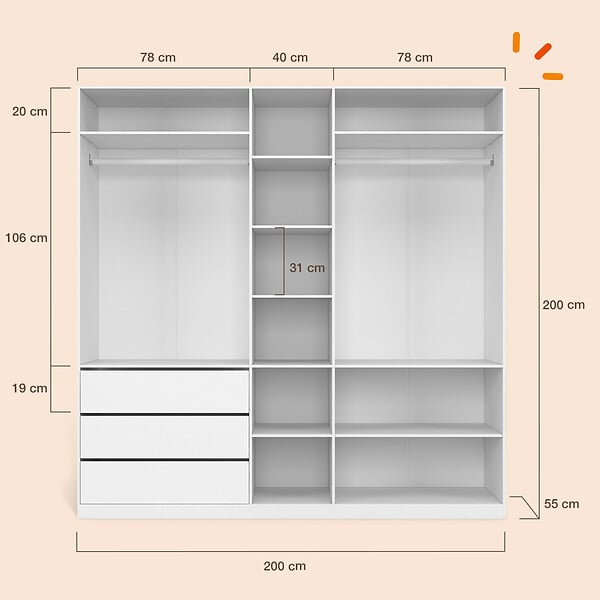 ID MARKET - Dressing TAYLOR 200 x 55 x 200 cm avec penderies + étagères + tiroirs blanc - large
