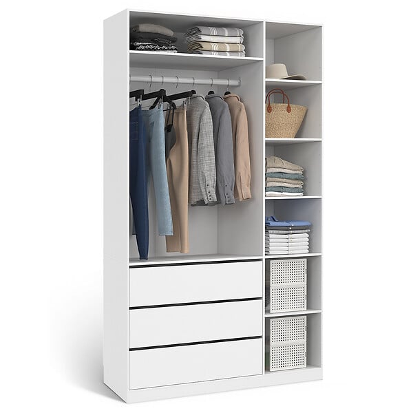 ID MARKET - Dressing TAYLOR 120 x 55 x 200 cm avec penderie + étagères + tiroirs blanc - large