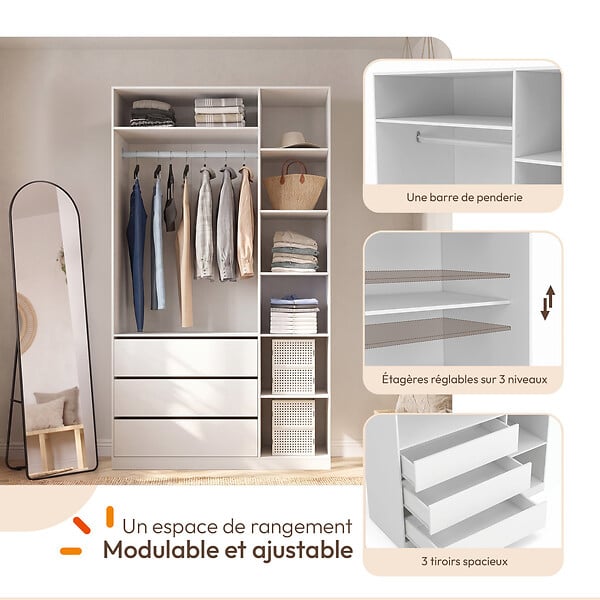 ID MARKET - Dressing TAYLOR 120 x 55 x 200 cm avec penderie + étagères + tiroirs blanc - large