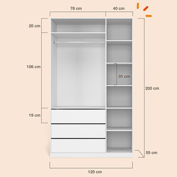 ID MARKET - Dressing TAYLOR 120 x 55 x 200 cm avec penderie + étagères + tiroirs blanc - large