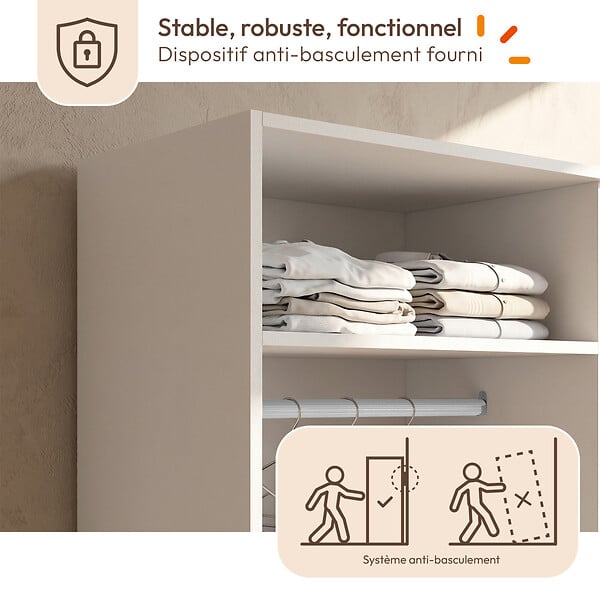 ID MARKET - Dressing TAYLOR 120 x 55 x 200 cm avec penderie + étagères + tiroirs blanc - large