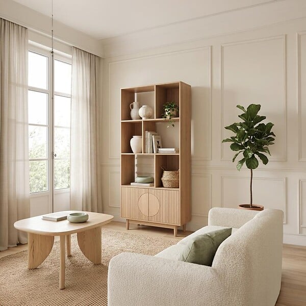 SICAAN - Sicaan Bibliothèque scandinave H.180cm, 2 portes et 6 niches finition chêne - LILA - large