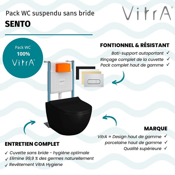 VITRA - Pack WC suspendu VitrA Sento noir + bâti autoportant V-Fix Core + Plaque Round chromé - large