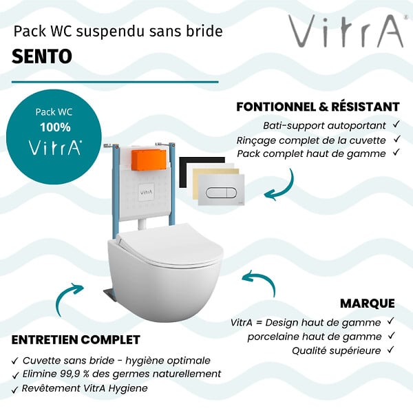 VITRA - Pack WC suspendu VitrA Sento blanc mat + bâti autoportant V-Fix Core + Plaque Round chromé - large