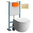 VITRA - Pack WC suspendu VitrA Sento blanc brillant + bâti autoportant V-Fix Core + Plaque Round or brossé - vignette