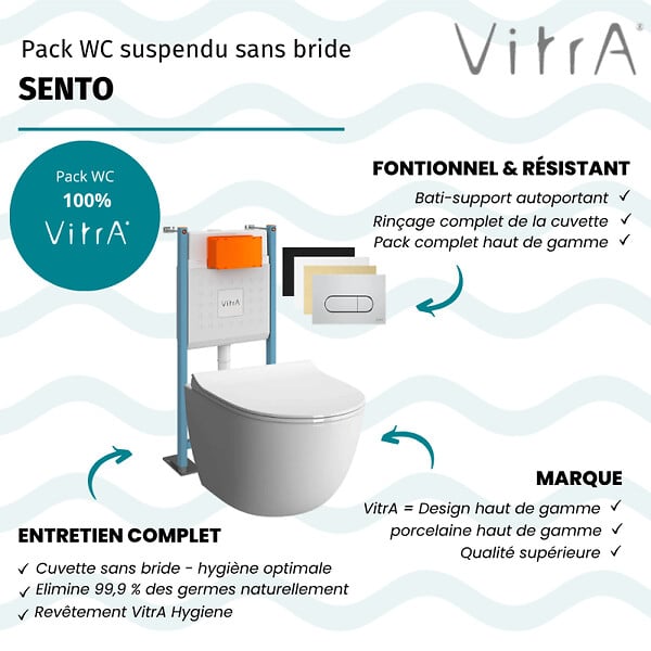 VITRA - Pack WC suspendu VitrA Sento blanc brillant + bâti autoportant V-Fix Core + Plaque Round or brossé - large
