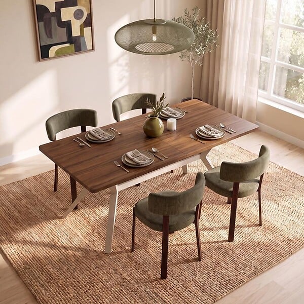 SICAAN - Sicaan Table à manger 160cm pieds métal beige et plateau finition noyer - ANDREA - large