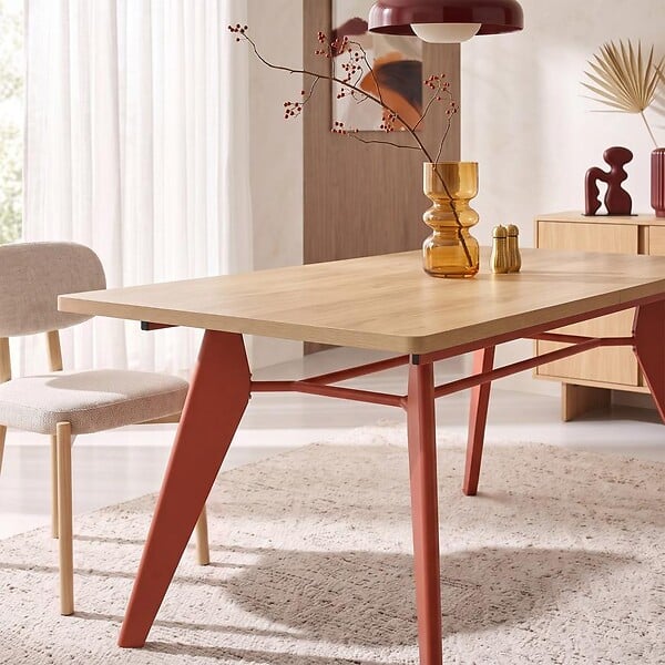 SICAAN - Sicaan Table à manger extensible 140-180cm pieds métal terracotta et plateau finition chêne - MELOE - large
