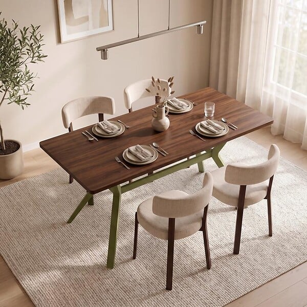SICAAN - Sicaan Table à manger 160cm pieds métal kaki et plateau finition noyer- ANDREA - large