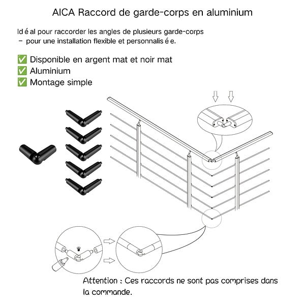 AICA SANITAIRE - Garde-corps - Aluminium Noir - 100cm - Avec 5 traverses et 1 main courante - Pour intérieur et extérieur - Fixation latérale - large