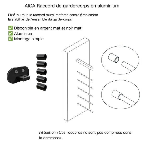 AICA SANITAIRE - Garde-corps - Aluminium Noir - 100cm - Avec 5 traverses et 1 main courante - Pour intérieur et extérieur - Fixation latérale - large