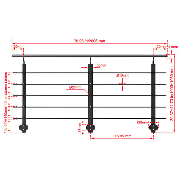 AICA SANITAIRE - Garde-corps - Aluminium Noir - 200cm - Avec 5 traverses et 1 main courante - Pour intérieur et extérieur - Fixation latérale - large