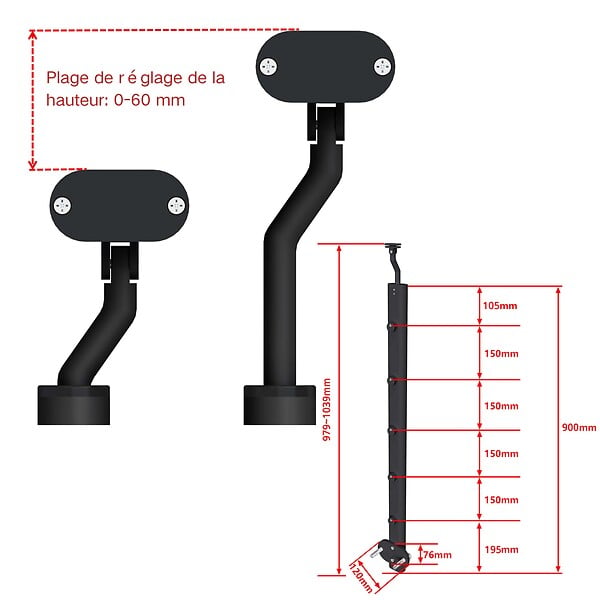 AICA SANITAIRE - Garde-corps - Aluminium Noir - 200cm - Avec 5 traverses et 1 main courante - Pour intérieur et extérieur - Fixation latérale - large