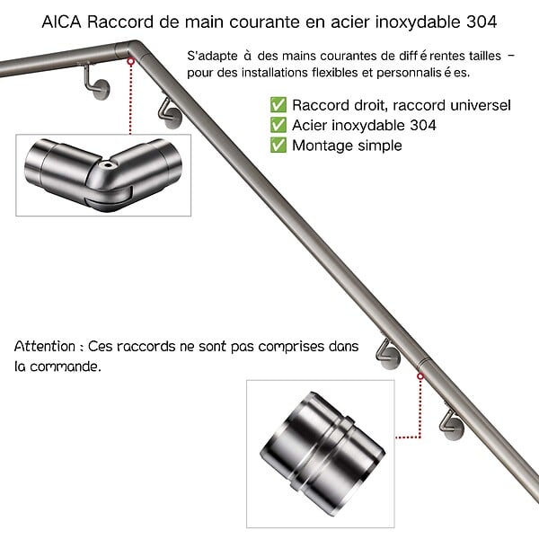 AICA SANITAIRE - Main courante, inox 304, rampe d'escalier ronde 150cm, avec 2 supports muraux, Ø42.4mm, en kit complet, intérieur & extérieur - large