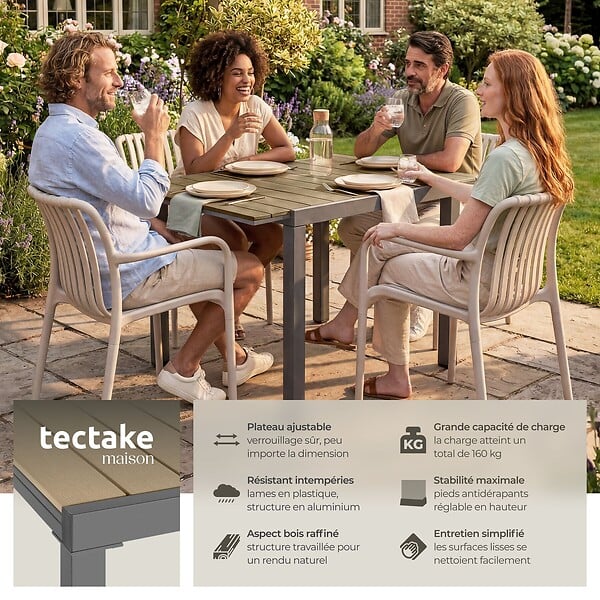 TECTAKE - Table de jardin en aluminium extensible noir marron aspect bois 80 120 x 80 x 74 cm - large