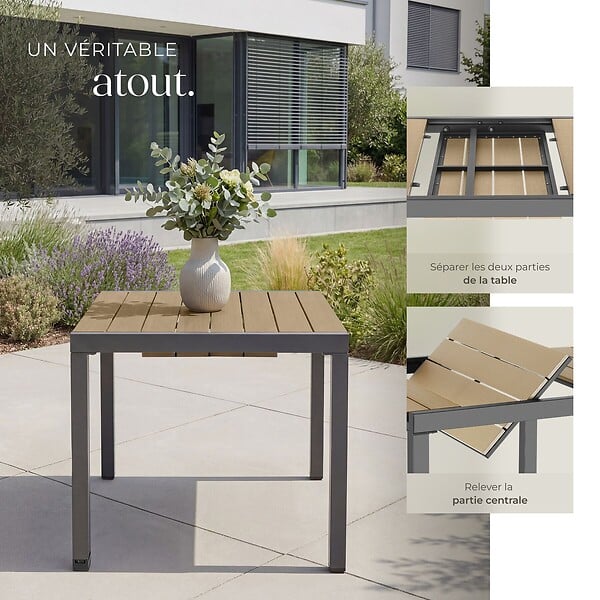 TECTAKE - Table de jardin en aluminium extensible noir marron aspect bois 80 120 x 80 x 74 cm - large