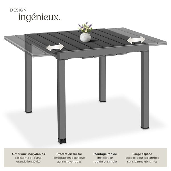 TECTAKE - Table de jardin extensible, résistante aux intempéries, pour 4 à 6 personnes, aspect bois, noir, 80–120 x 80 x 74 cm - large