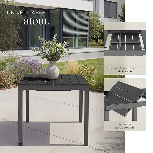 TECTAKE - Table de jardin extensible, résistante aux intempéries, pour 4 à 6 personnes, aspect bois, noir, 80–120 x 80 x 74 cm - large
