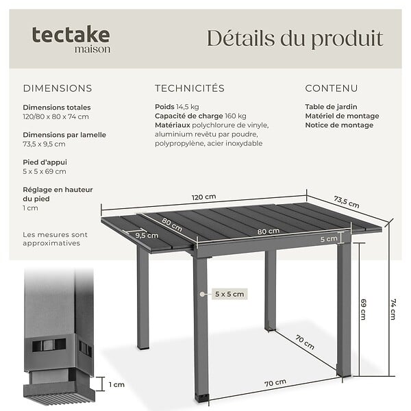 TECTAKE - Table de jardin extensible, résistante aux intempéries, pour 4 à 6 personnes, aspect bois, noir, 80–120 x 80 x 74 cm - large