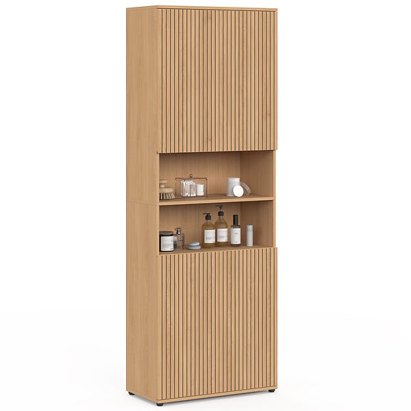 ID MARKET - Meuble armoire colonne salle de bain VICTOR 4 portes 2 niches effet lattes - large