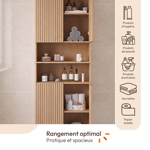 ID MARKET - Meuble armoire colonne salle de bain VICTOR 4 portes 2 niches effet lattes - large