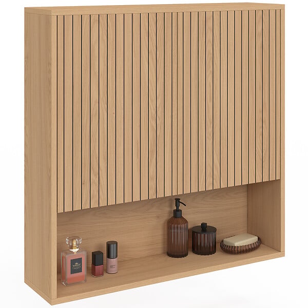 ID MARKET - Meuble de rangement suspendu pour salle de bain VICTOR 2 portes et étagère effet lattes - large