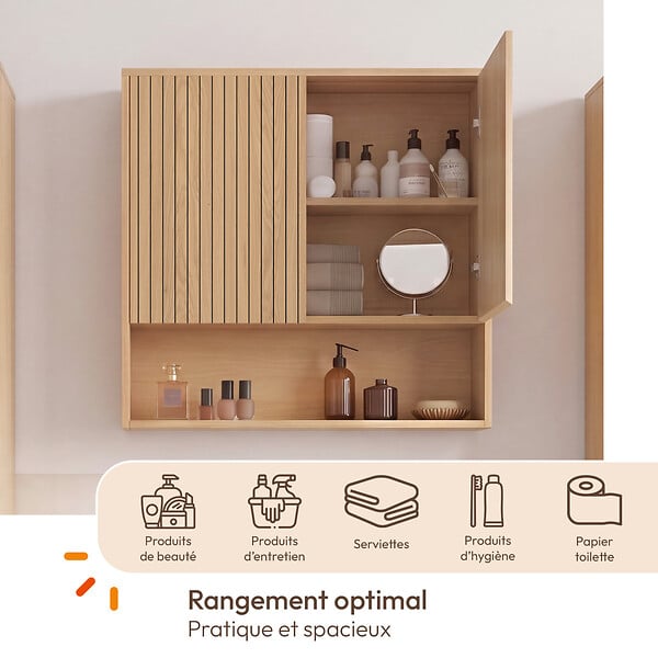 ID MARKET - Meuble de rangement suspendu pour salle de bain VICTOR 2 portes et étagère effet lattes - large