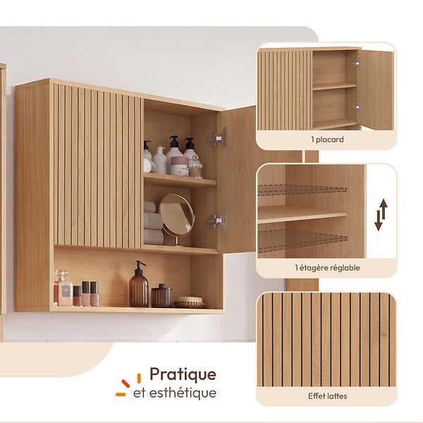 ID MARKET - Meuble de rangement suspendu pour salle de bain VICTOR 2 portes et étagère effet lattes - large