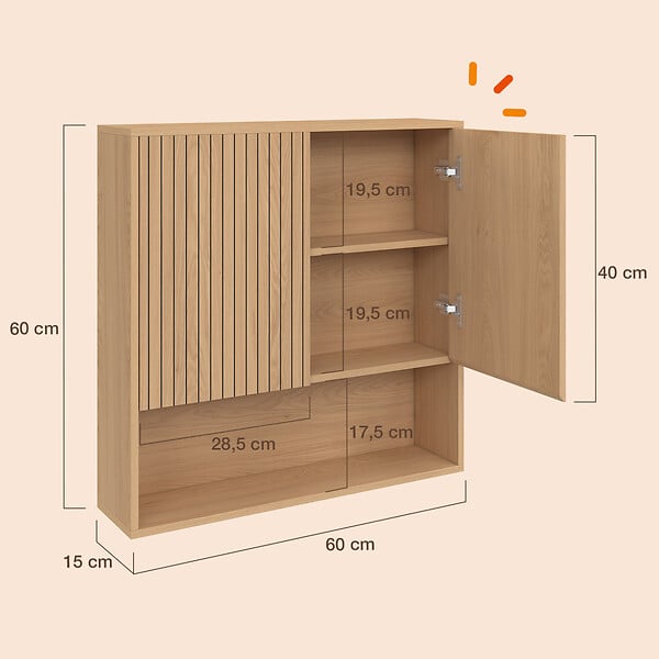 ID MARKET - Meuble de rangement suspendu pour salle de bain VICTOR 2 portes et étagère effet lattes - large