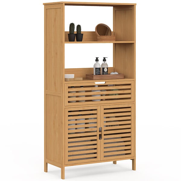 ID MARKET - Meuble armoire salle de bain bambou BEA 2 portes et 1 tiroir avec étagères - large