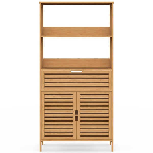 ID MARKET - Meuble armoire salle de bain bambou BEA 2 portes et 1 tiroir avec étagères - large